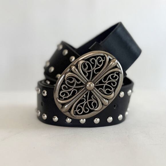 Vintage Chrome Cross Studded Black Belt – Silver Grunge Unisex Style, New - Picture 7 of 8